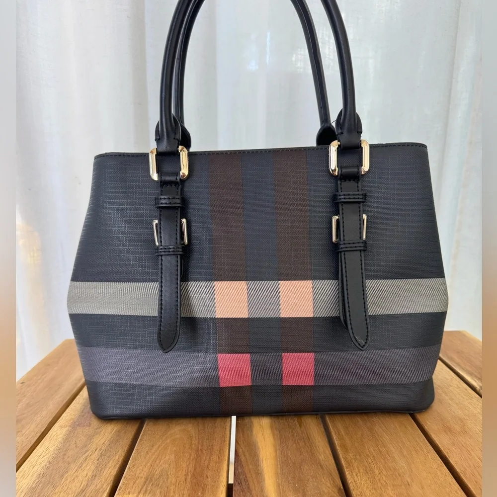 Burberry Check Tote Purse Black Gray Nova Check Berry Red Leather Trim
